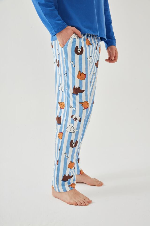 Erkek Pamuklu Uzun Kollu Baskılı Alt Desenli Cep Detaylı Pijama Takımı Beyaz - Saks - 2XL