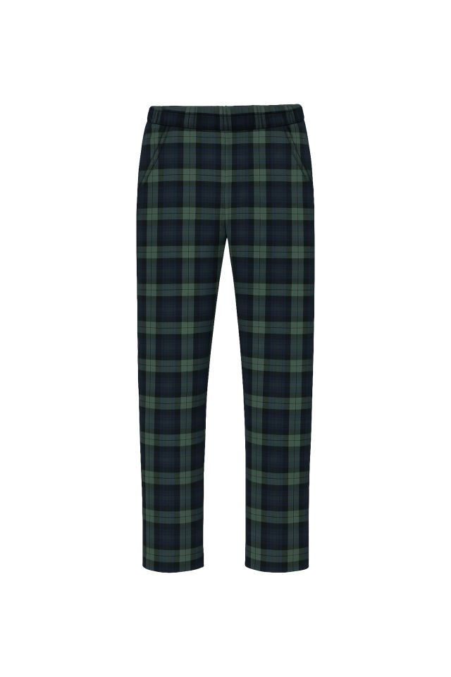 Erkek Pamuklu Ayıcık Baskılı Ekoseli Cepli Pijama Takımı Lacivert -Yeşil - L