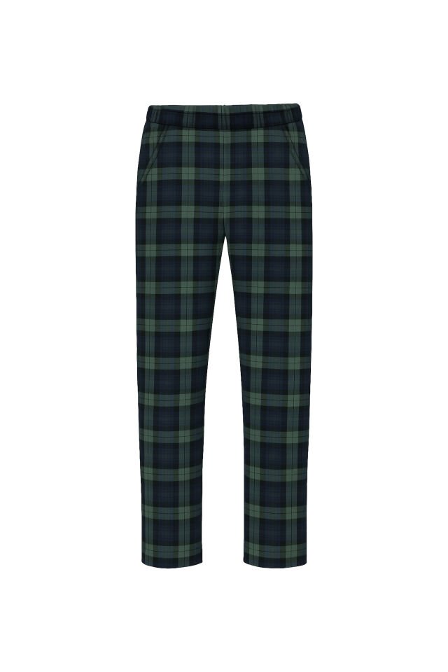 Erkek Pamuklu Ayıcık Baskılı Ekoseli Cepli Pijama Takımı Lacivert -Yeşil - XL