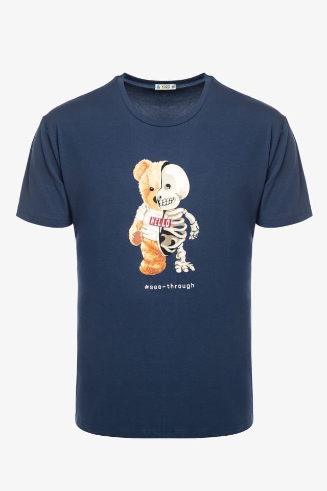 Erkek Pamuklu Mavi Baskılı Cepli Şort Pijama Takımı L - Mavi - Beyaz