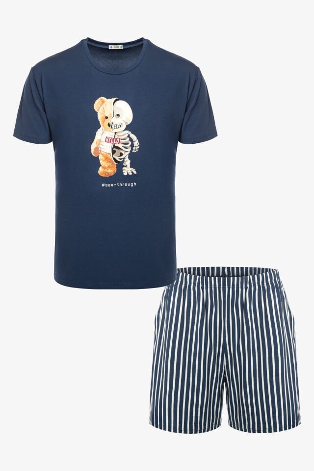 Erkek Pamuklu Mavi Baskılı Cepli Şort Pijama Takımı 2XL - Mavi - Beyaz