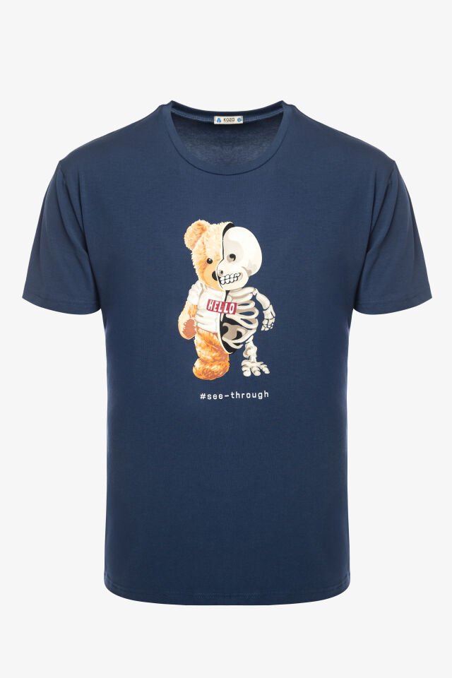Erkek Pamuklu Mavi Baskılı Cepli Şort Pijama Takımı 2XL - Mavi - Beyaz