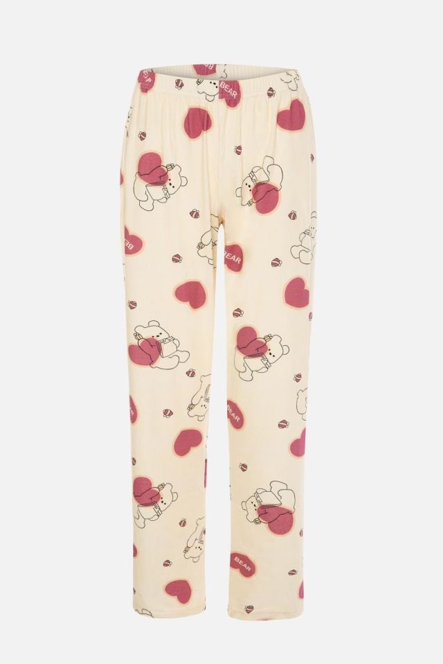 Kadın Ayıcık Desenli Bant Detaylı Düğmeli Pijama Takımı Beyaz-Pembe