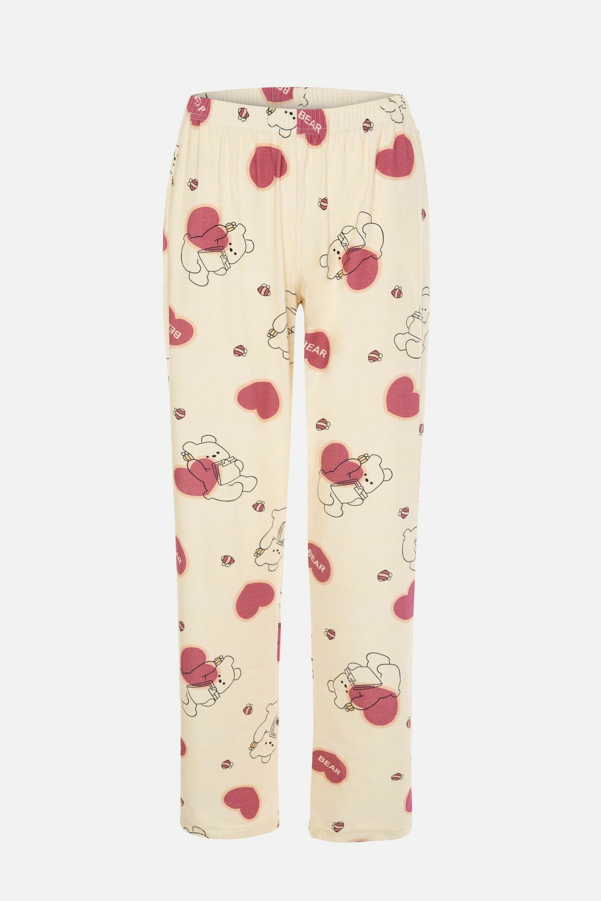 Kadın Ayıcık Desenli Bant Detaylı Düğmeli Pijama Takımı Beyaz-Pembe - M