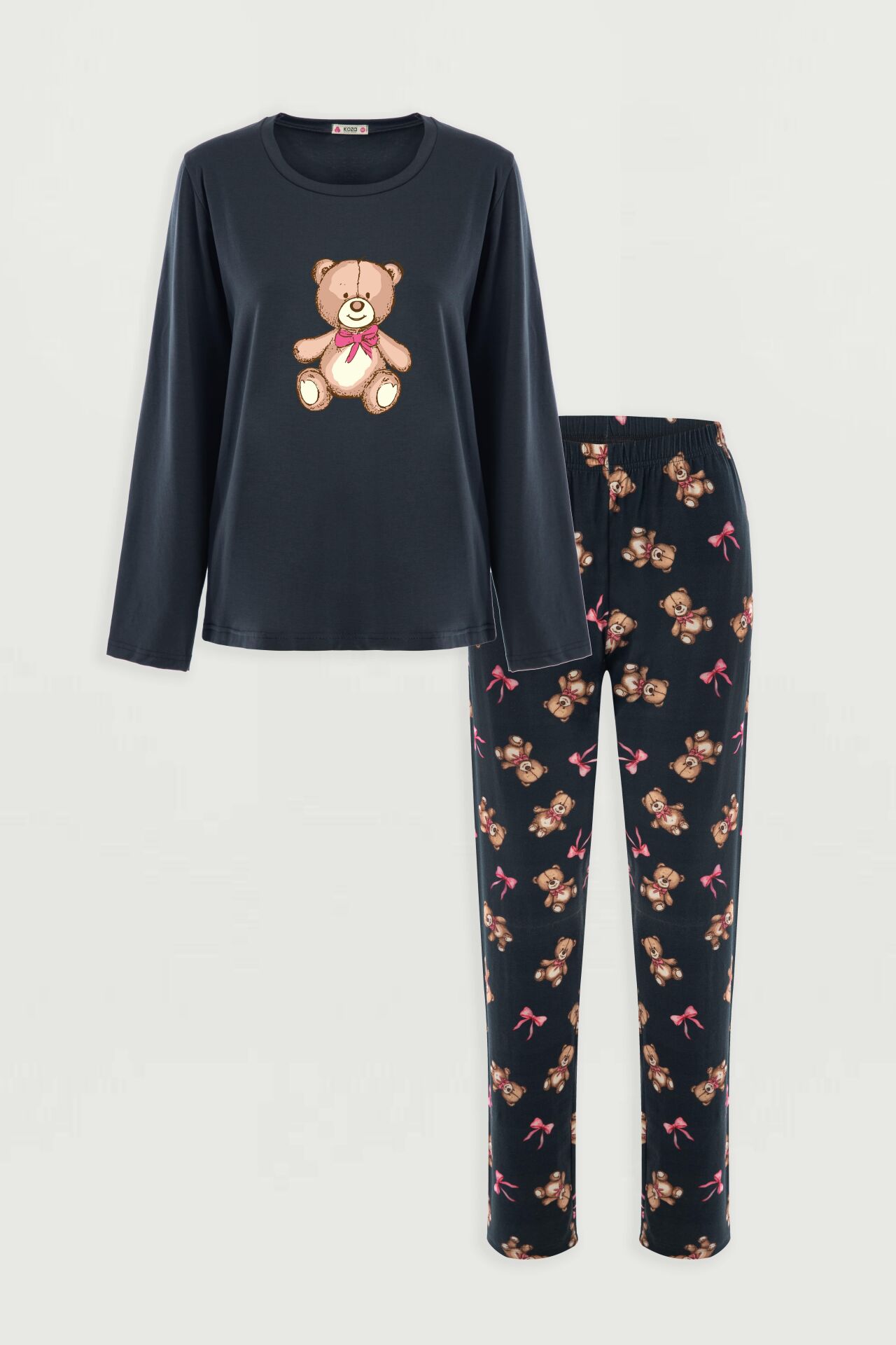 Kadın Pamuklu  Ayıcıklı Pijama Takımı Kahverengi -  Füme - XL