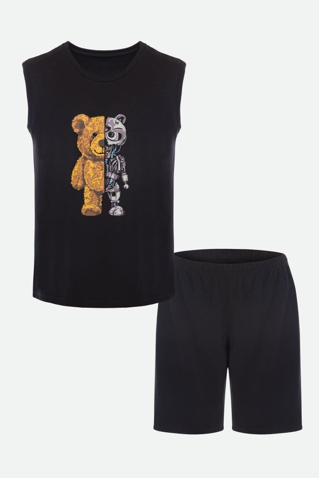 Erkek Pamuklu Sıfır Kollu Baskı Detaylı Şortlu Pijama Takımı 2XL - Siyah