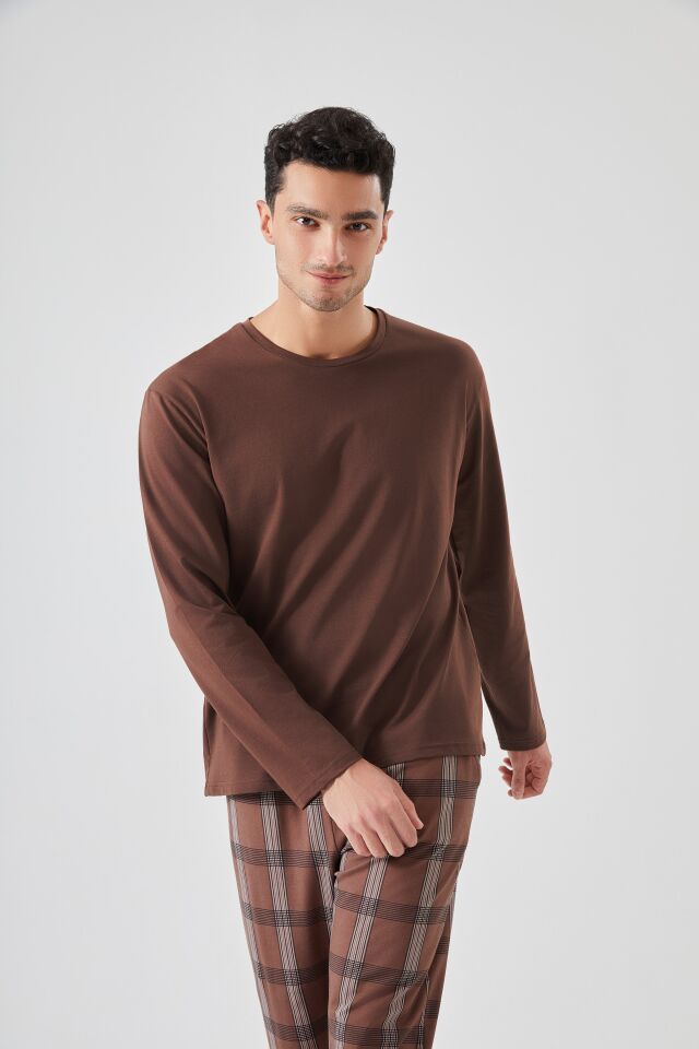 Erkek Pamuklu Uzun Kollu Ekose Desenli Pijama Takımı Kahverengi - S