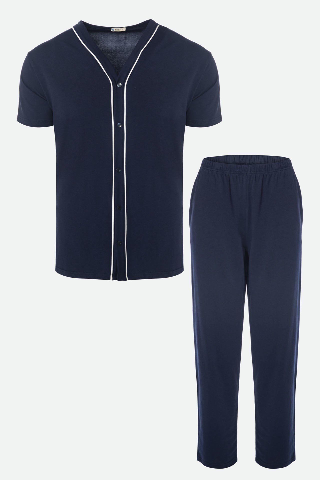Erkek Kısa Kollu Pamuklu Gömlek Yaka Düğmeli Biyeli Pijama Takımı 2XL - Siyah - Beyaz