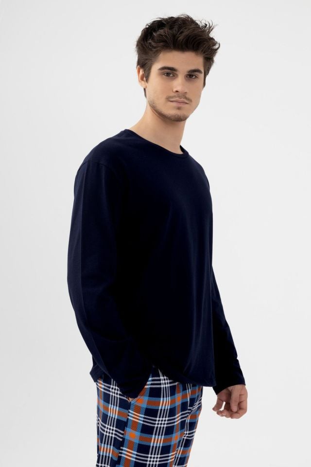 Erkek Pamuklu Uzun Kollu Ekose Desenli Pijama Takımı Turuncu Ekose - 2XL