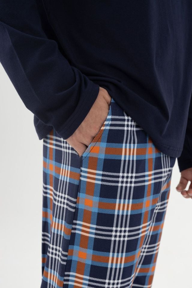 Erkek Pamuklu Uzun Kollu Ekose Desenli Pijama Takımı Turuncu Ekose - 2XL