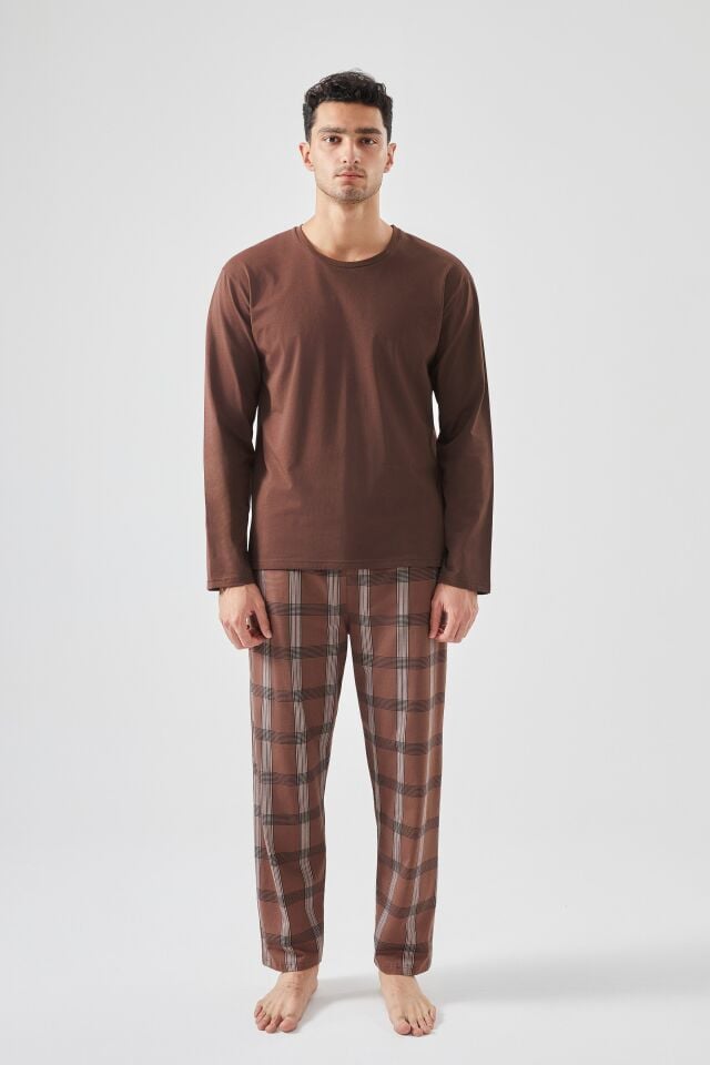 Erkek Pamuklu Uzun Kollu Ekose Desenli Pijama Takımı Kahverengi - 2XL