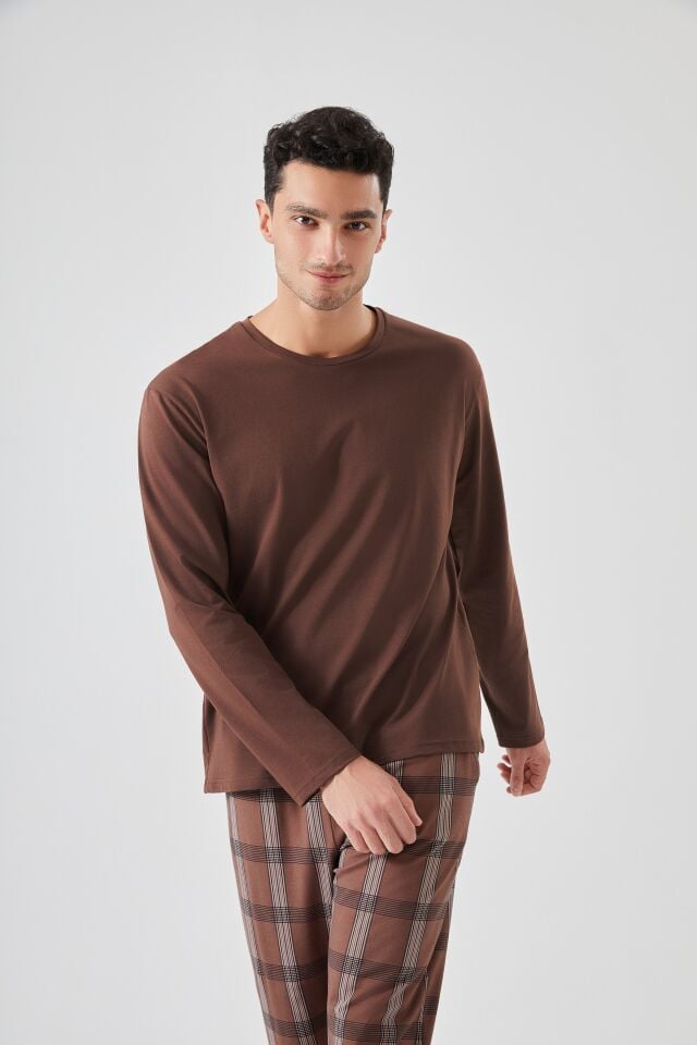 Erkek Pamuklu Uzun Kollu Ekose Desenli Pijama Takımı Kahverengi - 2XL