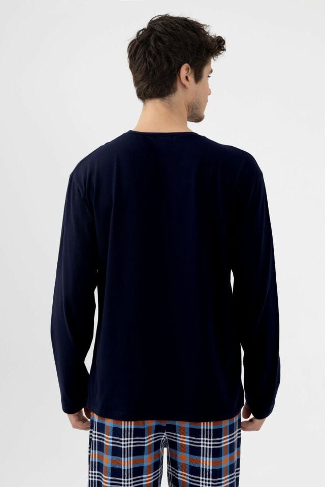 Erkek Pamuklu Uzun Kollu Ekose Desenli Pijama Takımı Turuncu Ekose - XL