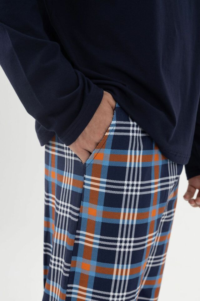 Erkek Pamuklu Uzun Kollu Ekose Desenli Pijama Takımı Turuncu Ekose - XL