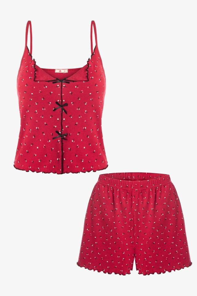 Kadın İnce Askılı Çiçekli Fiyonklu Pamuklu Şortlu Pijama Takımı S - Bordo