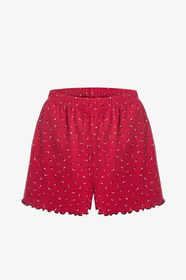 Kadın İnce Askılı Çiçekli Fiyonklu Pamuklu Şortlu Pijama Takımı S - Bordo