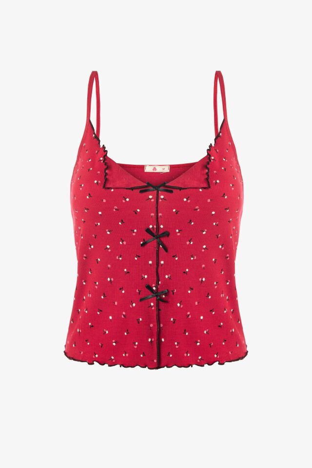 Kadın İnce Askılı Çiçekli Fiyonklu Pamuklu Şortlu Pijama Takımı S - Bordo