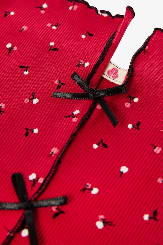 Kadın İnce Askılı Çiçekli Fiyonklu Pamuklu Şortlu Pijama Takımı S - Bordo