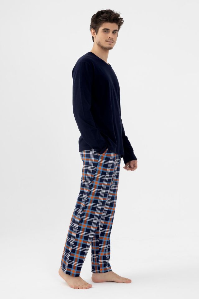 Erkek Pamuklu Uzun Kollu Ekose Desenli Pijama Takımı Turuncu Ekose