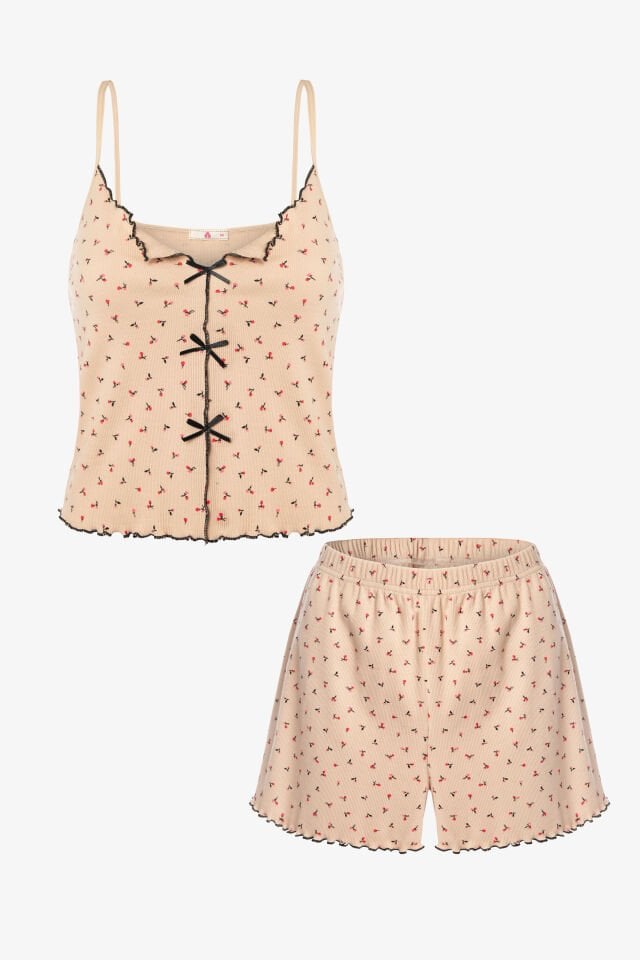 Kadın İnce Askılı Çiçekli Fiyonklu Pamuklu Şortlu Pijama Takımı XL - Krem