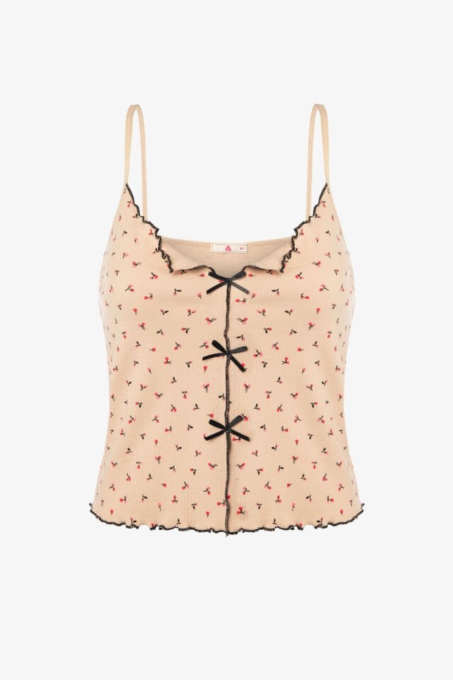 Kadın İnce Askılı Çiçekli Fiyonklu Pamuklu Şortlu Pijama Takımı XL - Krem