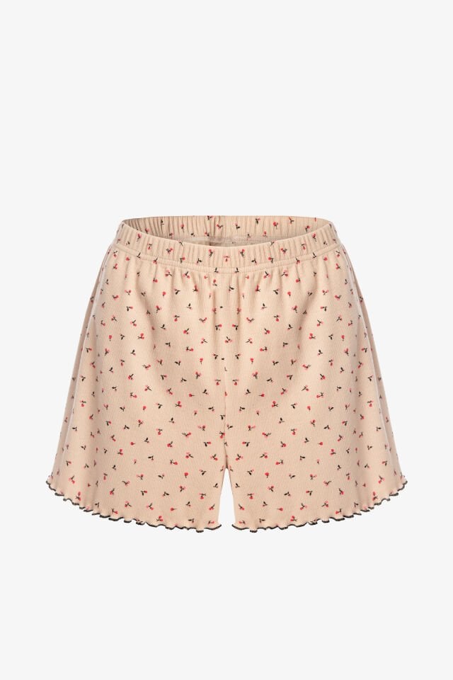 Kadın İnce Askılı Çiçekli Fiyonklu Pamuklu Şortlu Pijama Takımı XL - Krem