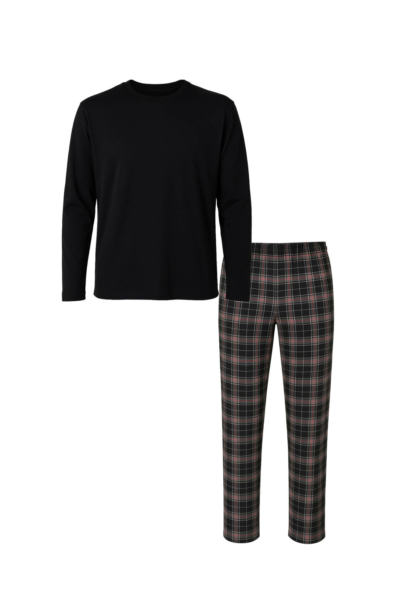 Erkek Pamuklu Uzun Kollu Yamalı Ekose Desenli Pijama Takımı Siyah - Kırmızı - M