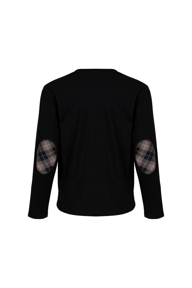 Erkek Pamuklu Uzun Kollu Yamalı Ekose Desenli Pijama Takımı Siyah - Kırmızı - M