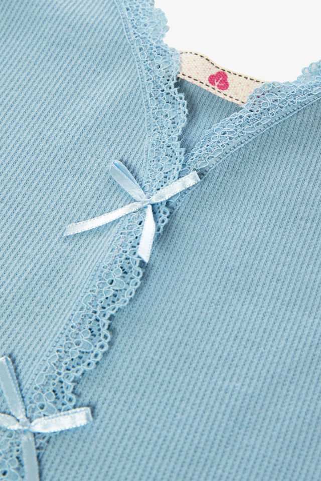 Kadın İnce Askılı Dantelli Fiyonklu Pamuklu Şortlu Pijama Takımı S - Mavi