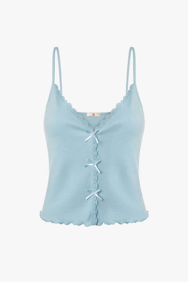 Kadın İnce Askılı Dantelli Fiyonklu Pamuklu Şortlu Pijama Takımı M - Mavi