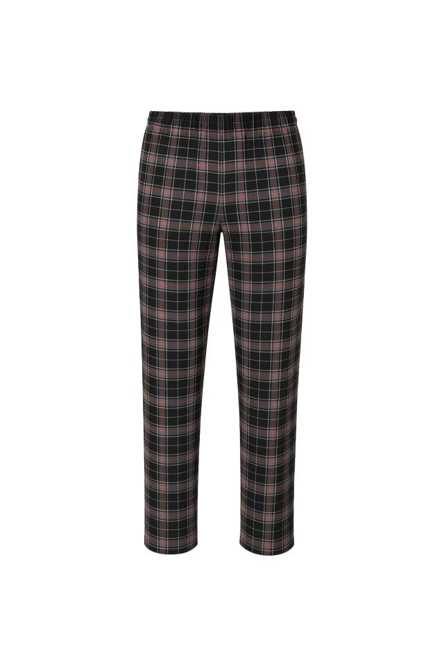 Erkek Pamuklu Uzun Kollu Yamalı Ekose Desenli Pijama Takımı Siyah - Kırmızı - XL
