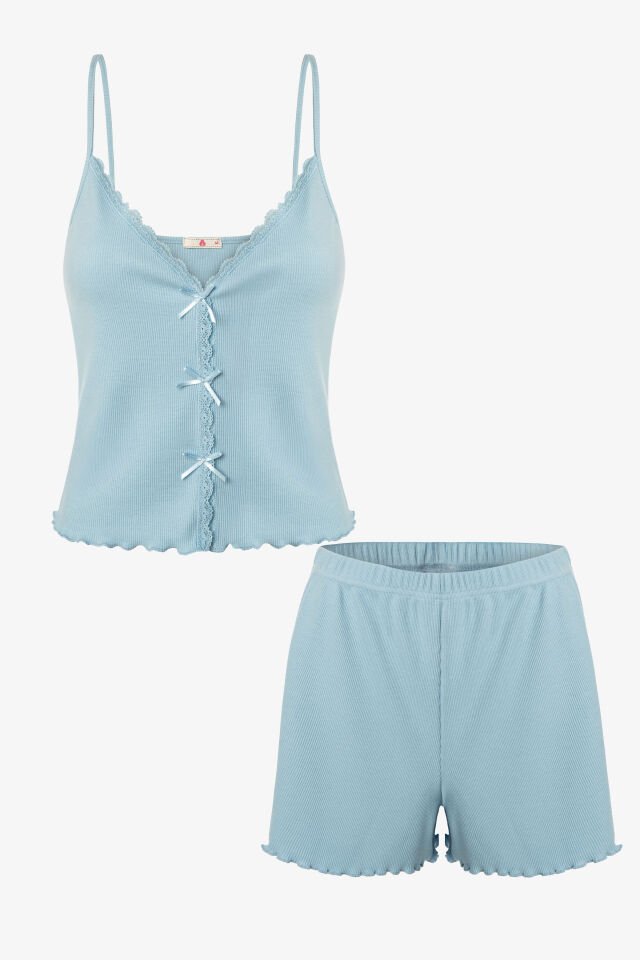 Kadın İnce Askılı Dantelli Fiyonklu Pamuklu Şortlu Pijama Takımı L - Mavi