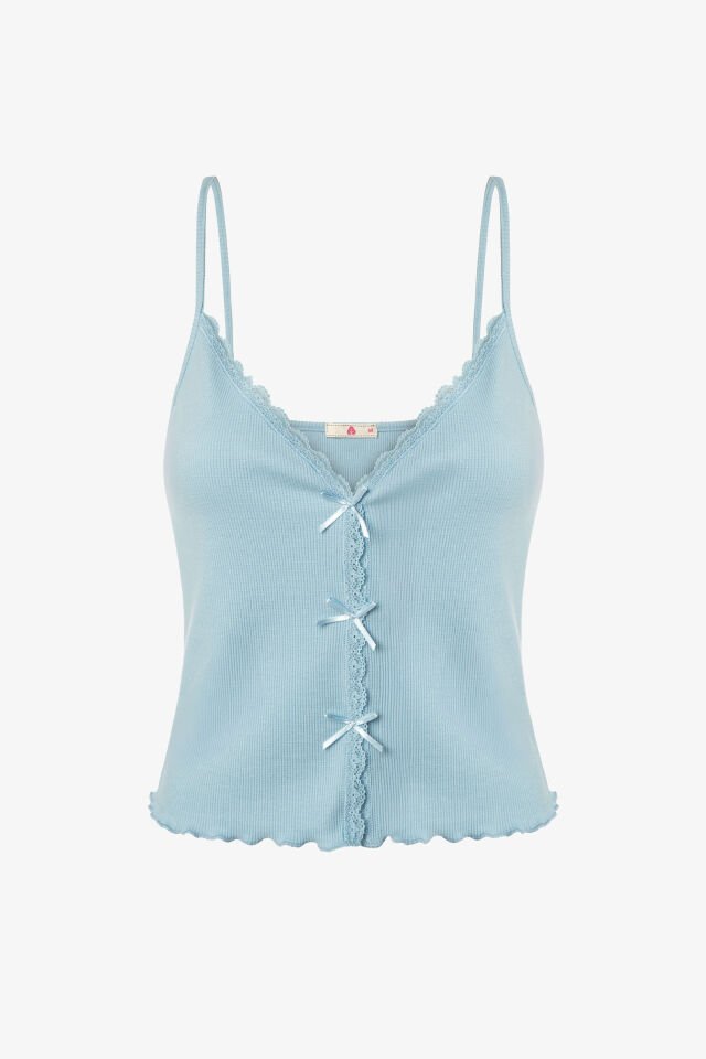 Kadın İnce Askılı Dantelli Fiyonklu Pamuklu Şortlu Pijama Takımı XL - Mavi