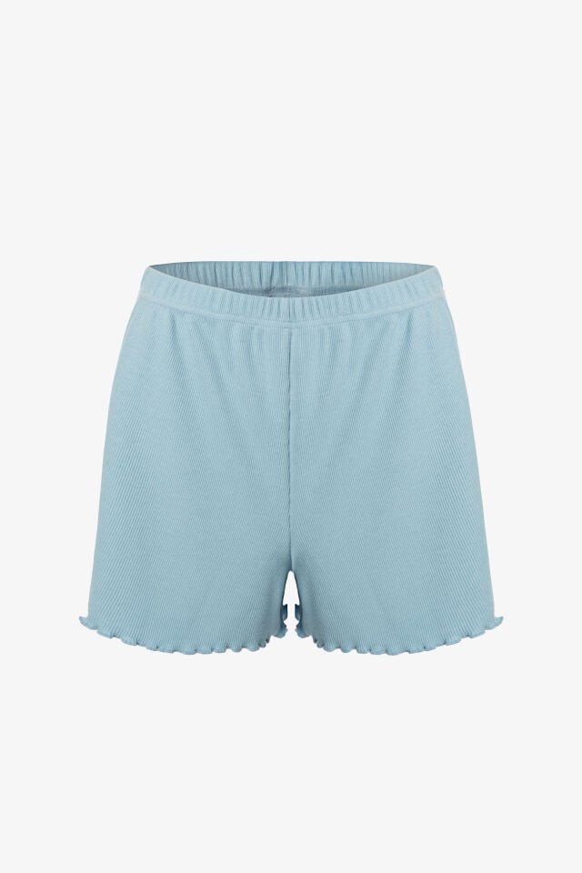 Kadın İnce Askılı Dantelli Fiyonklu Pamuklu Şortlu Pijama Takımı XL - Mavi