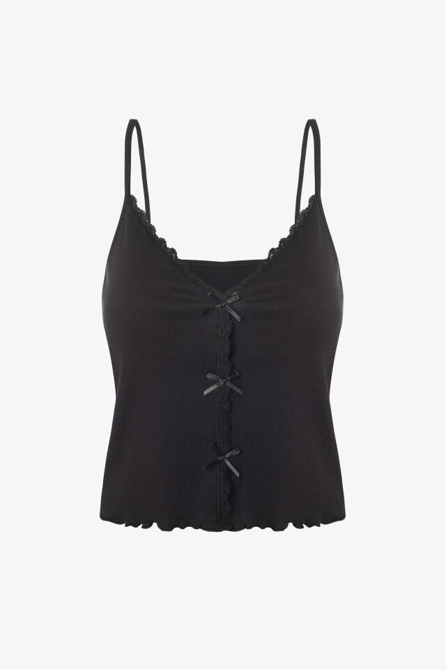 Kadın İnce Askılı Dantelli Fiyonklu Pamuklu Şortlu Pijama Takımı M - Siyah