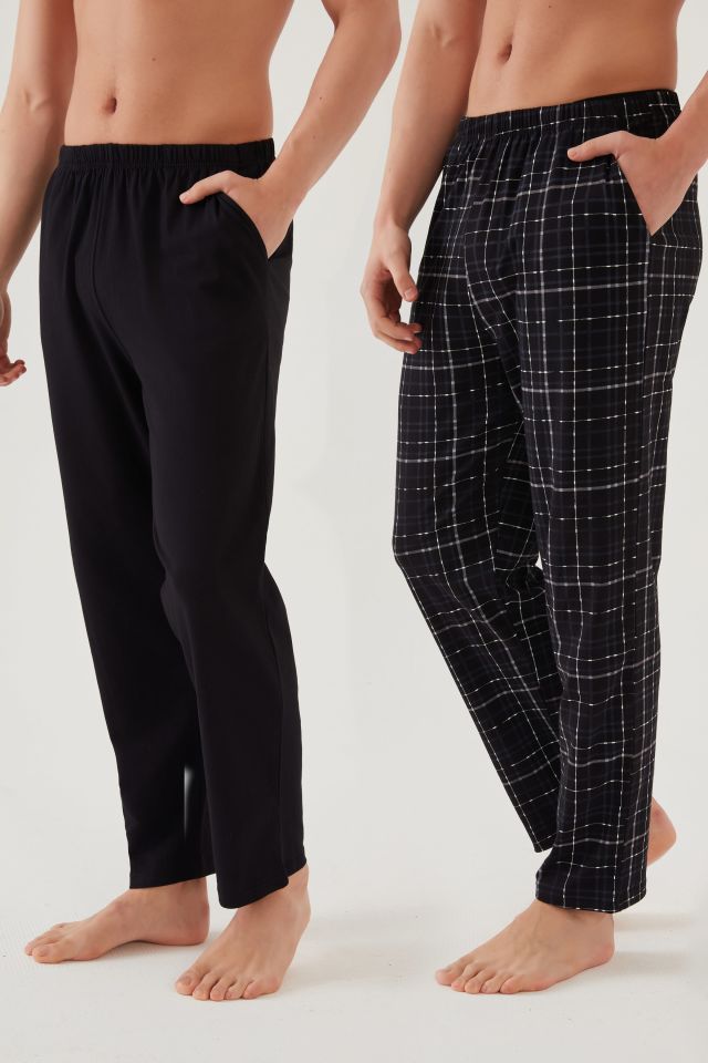 Erkek Pamuklu Ekose-Siyah 2'li Tek Alt Pijama S - Siyah - Füme