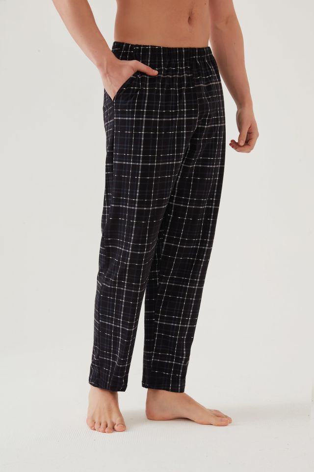 Erkek Pamuklu Ekose-Siyah 2'li Tek Alt Pijama S - Siyah - Füme