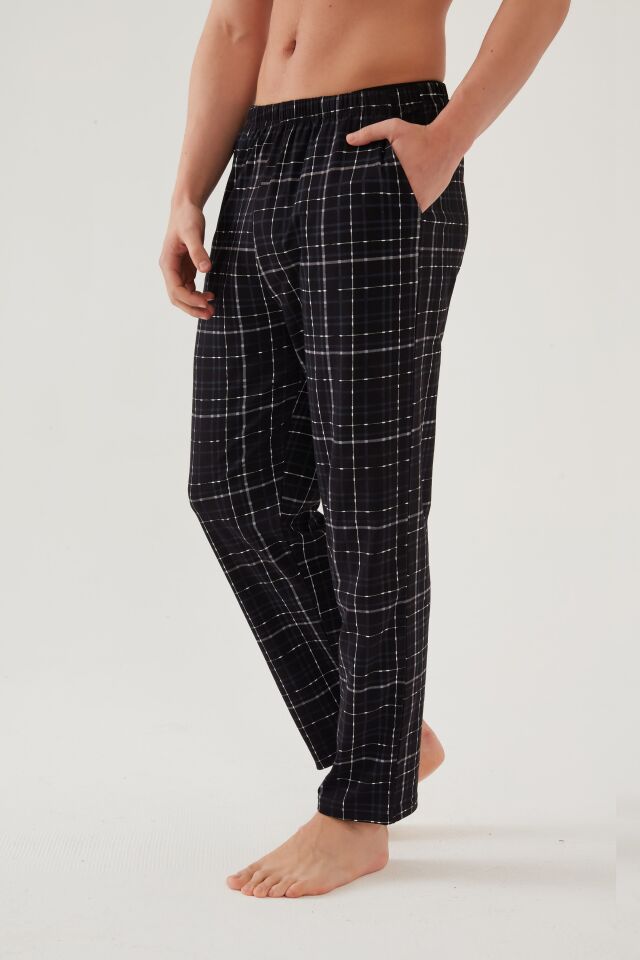 Erkek Pamuklu Ekose-Lacivert 2'li Tek Alt Pijama XL - Siyah - Füme
