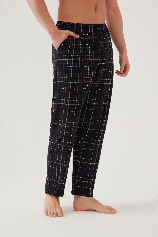 Erkek Pamuklu Ekose-Lacivert 2'li Tek Alt Pijama XL - Siyah - Füme