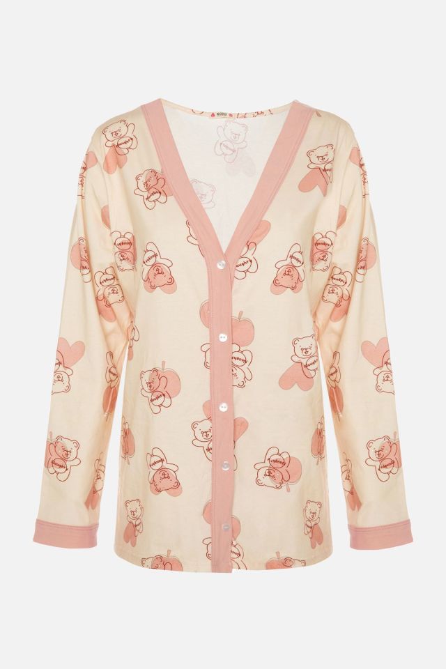 Kadın Pudra Ayıcık Desenli Bant Detaylı Düğmeli Pijama Takımı Beyaz-Pembe - L