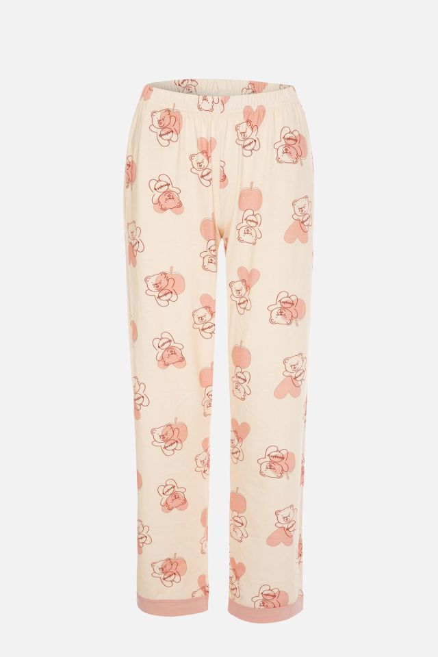 Kadın Pudra Ayıcık Desenli Bant Detaylı Düğmeli Pijama Takımı Beyaz-Pembe - M