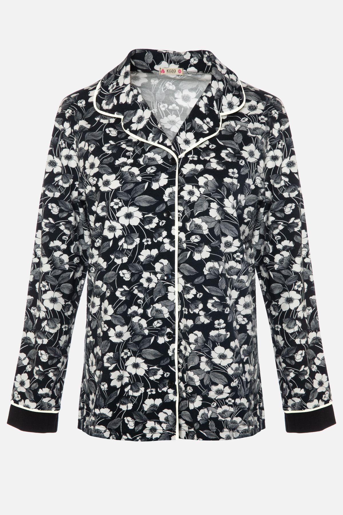 Kadın Pamuklu Çiçek Desenli Ara Biyeli Gömlek Yaka Uzun Kollu Pijama Takımı Desenli - M