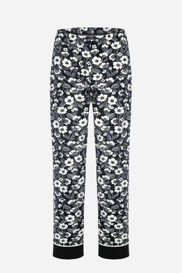 Kadın Pamuklu Çiçek Desenli Ara Biyeli Gömlek Yaka Uzun Kollu Pijama Takımı Desenli - S