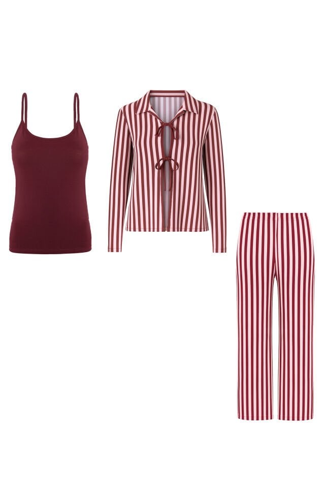 3'lü  Çizgili Pamuklu  Pijama Takımı Bordo - Pembe - M