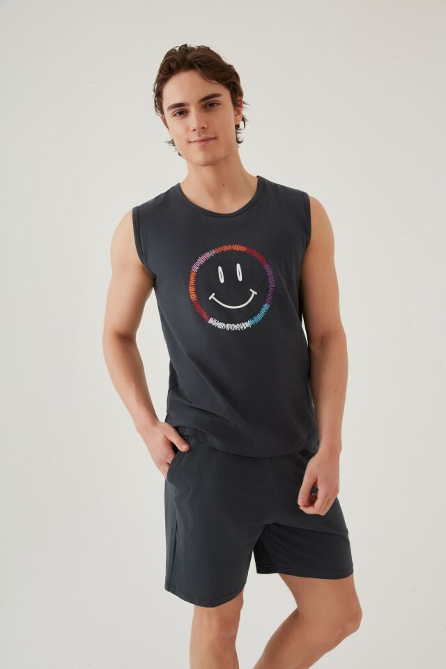 Erkek Pamuklu Sıfır Kollu Baskı Detaylı Şortlu Pijama Takımı 2XL - Füme