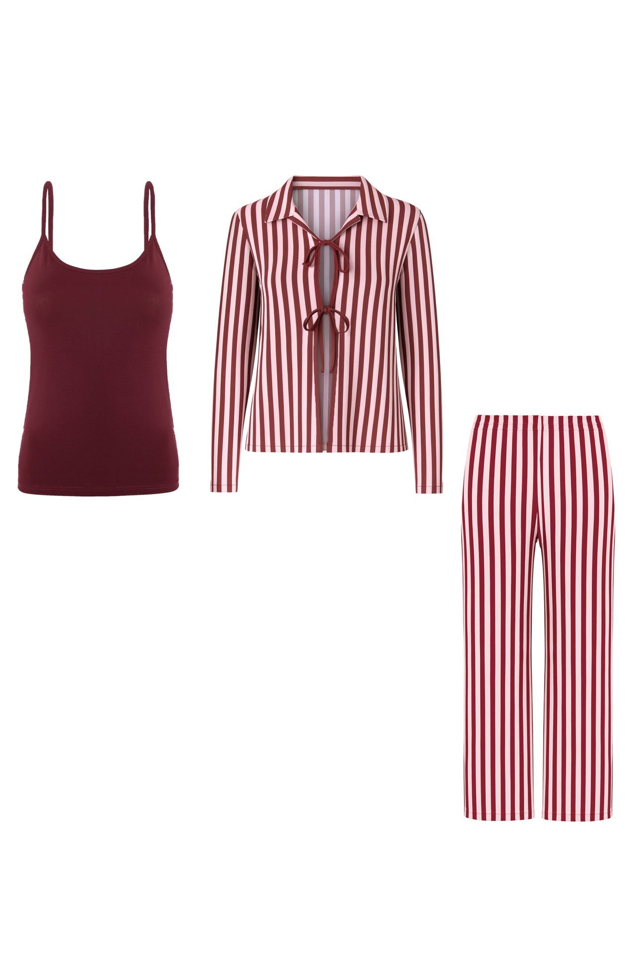 3'lü  Çizgili Pamuklu  Pijama Takımı Bordo - Pembe - L