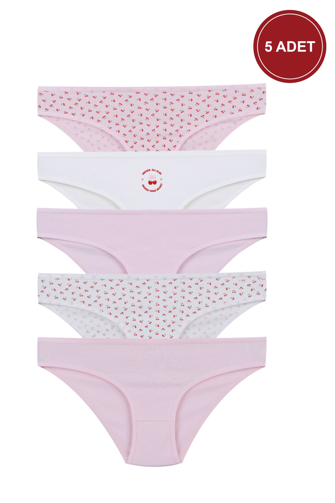 Kadın 5'li Desenli Pamuklu Likralı Külot Pembe - Ekru - L/XL