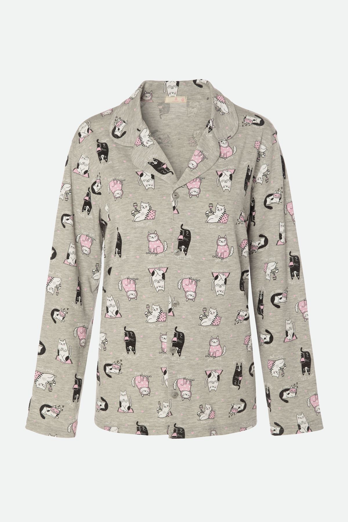 Kadın Gri Melanj Kedi Desenli Uzun Kollu Gömlek Yaka Pijama Takımı Gri Melanj - S