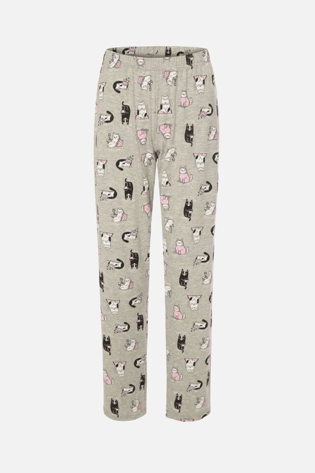 Kadın Gri Melanj Kedi Desenli Uzun Kollu Gömlek Yaka Pijama Takımı Gri Melanj - S