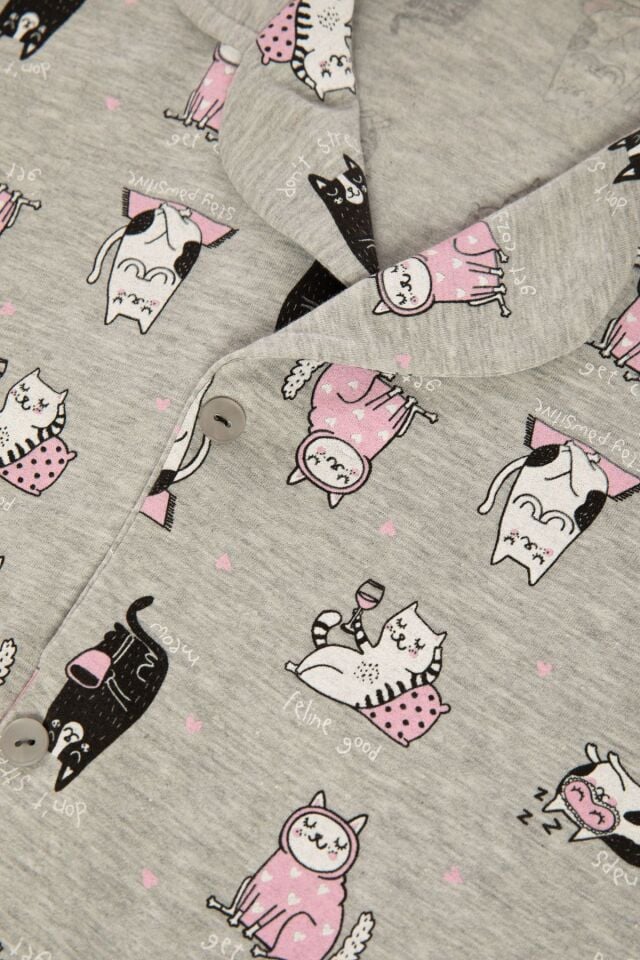 Kadın Gri Melanj Kedi Desenli Uzun Kollu Gömlek Yaka Pijama Takımı Gri Melanj - S